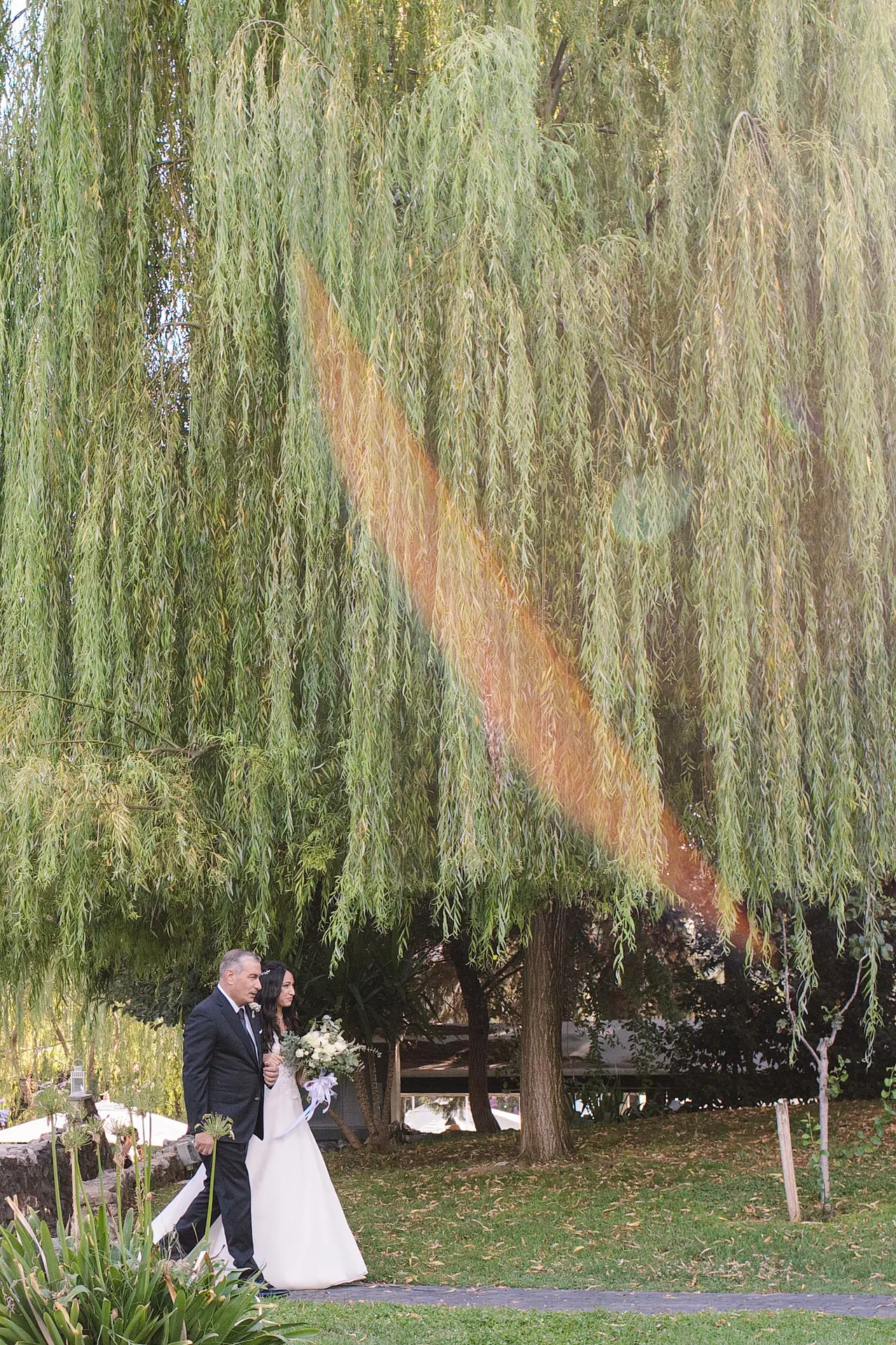 Bride walks with father figure down garden path for her outdoor wedding rehearsal, willow trees above.